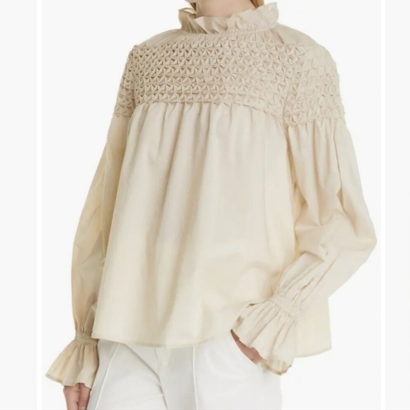 Merlette Majorelle Buff Hand Smocked Yoke Elastic Ruffle Collar & Cuff Blouse - Picture 3 of 16